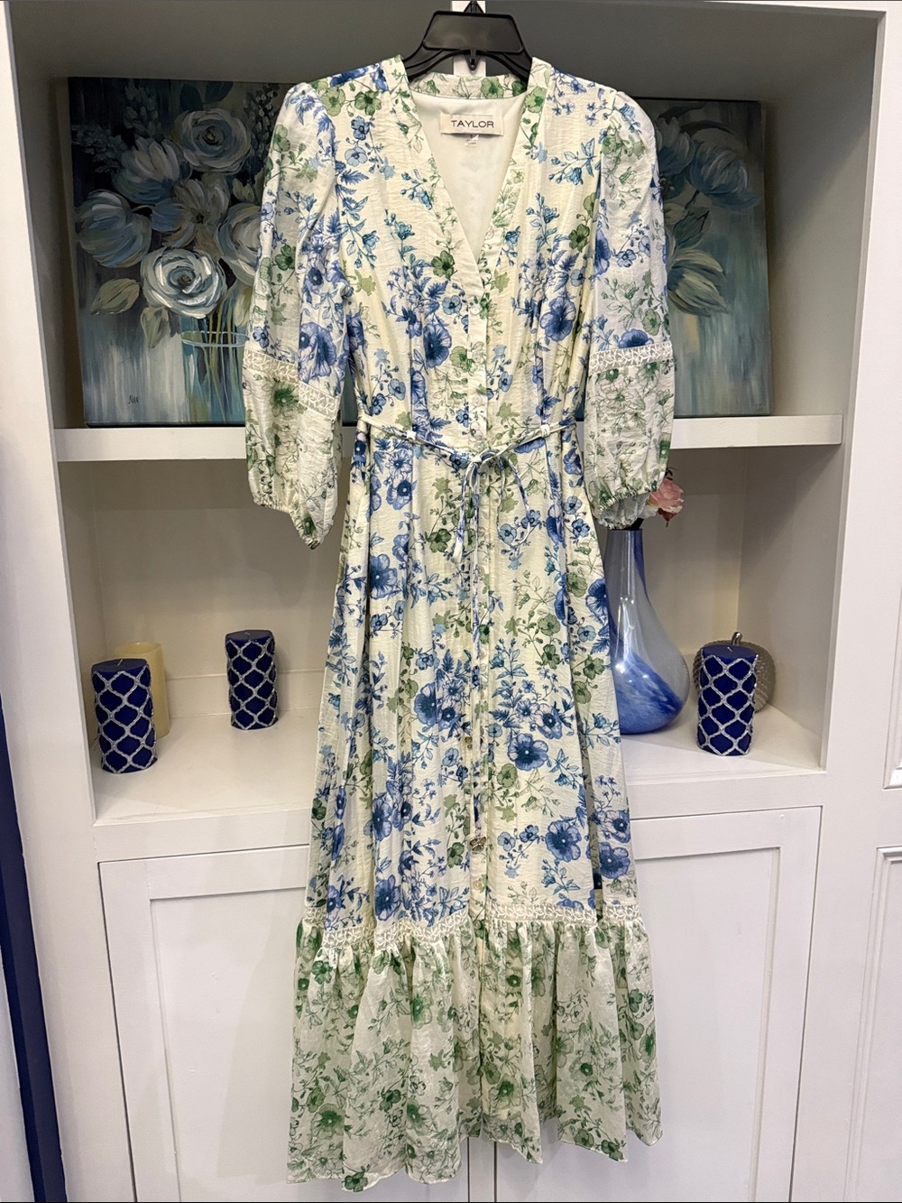 Taylor White Floral Maxi Dress with Blue & Green Print